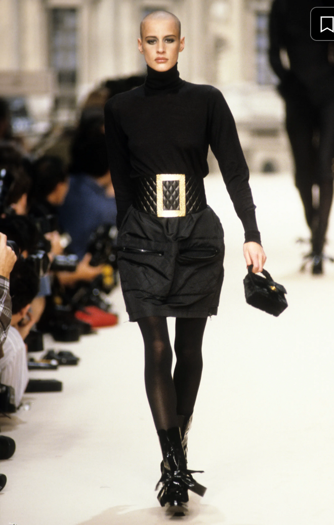 Vintage Chanel Quilted Silk Utility Skirt on model on 1994 runway