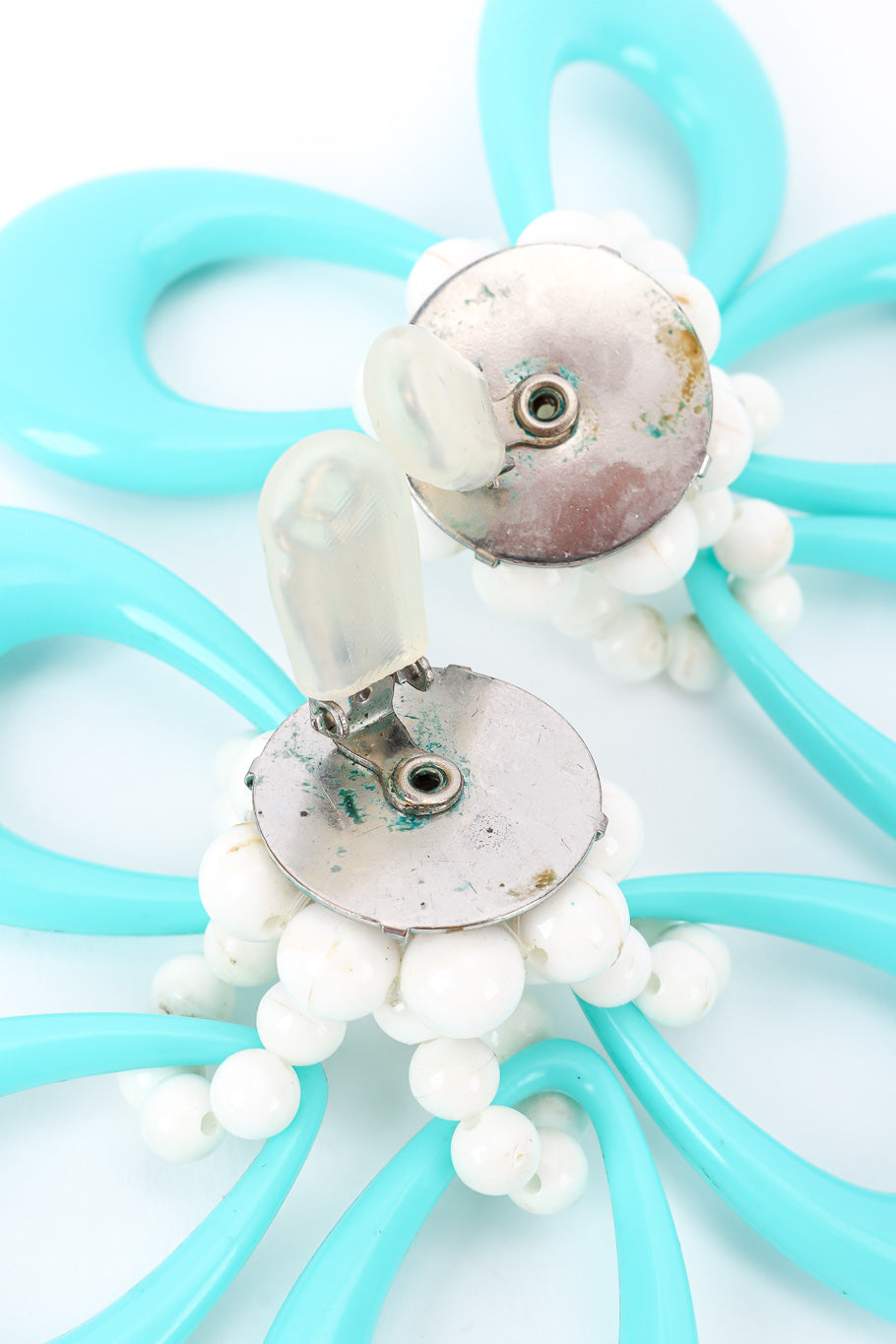 Acrylic bead vintage earrings on white background backs open close @recessla