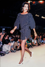 Ruche Dot Skirt by Yves Saint Laurent print as dress on model on 1981 runway 
