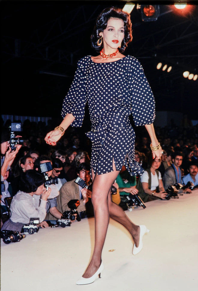 Ruche Dot Skirt by Yves Saint Laurent print as dress on model on 1981 runway 