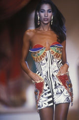 Abstract sketch print silk shirt by Gianni Versace print on model dress on 1991 runway 