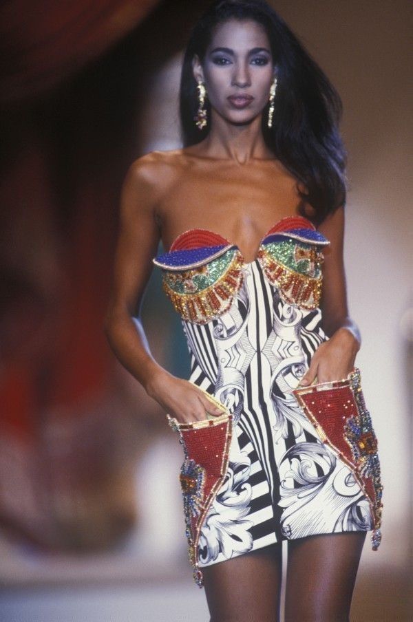 Abstract sketch print silk shirt by Gianni Versace print on model dress on 1991 runway 