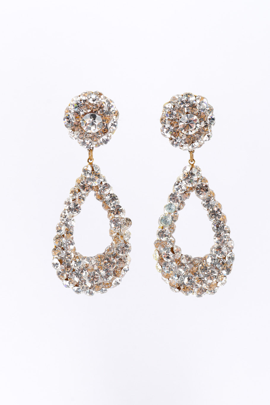 Vintage rhinestone tear-drop earrings on white background @recessla