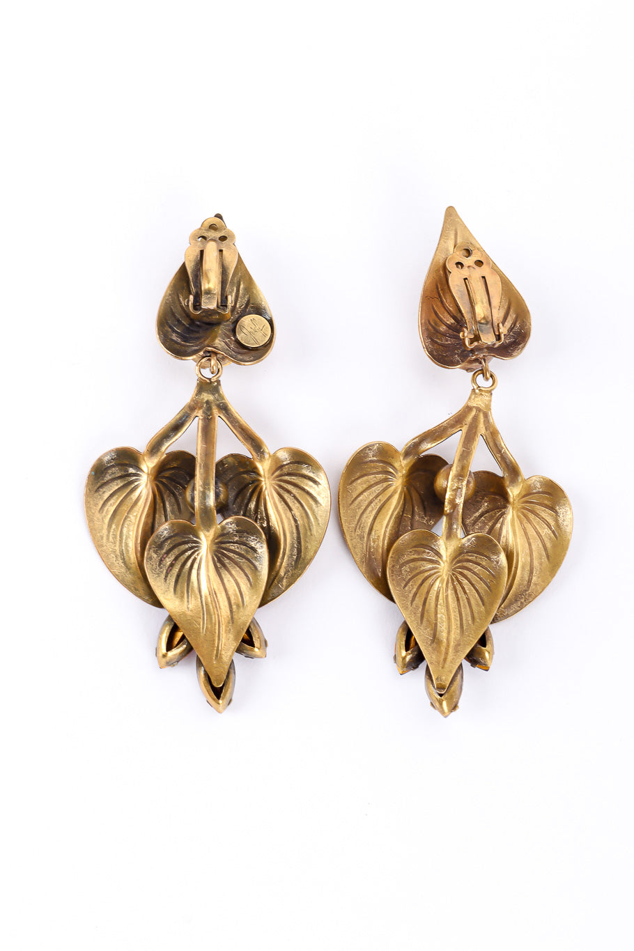 Leaf earrings by Joseff of Hollywood on white background backs @recessla