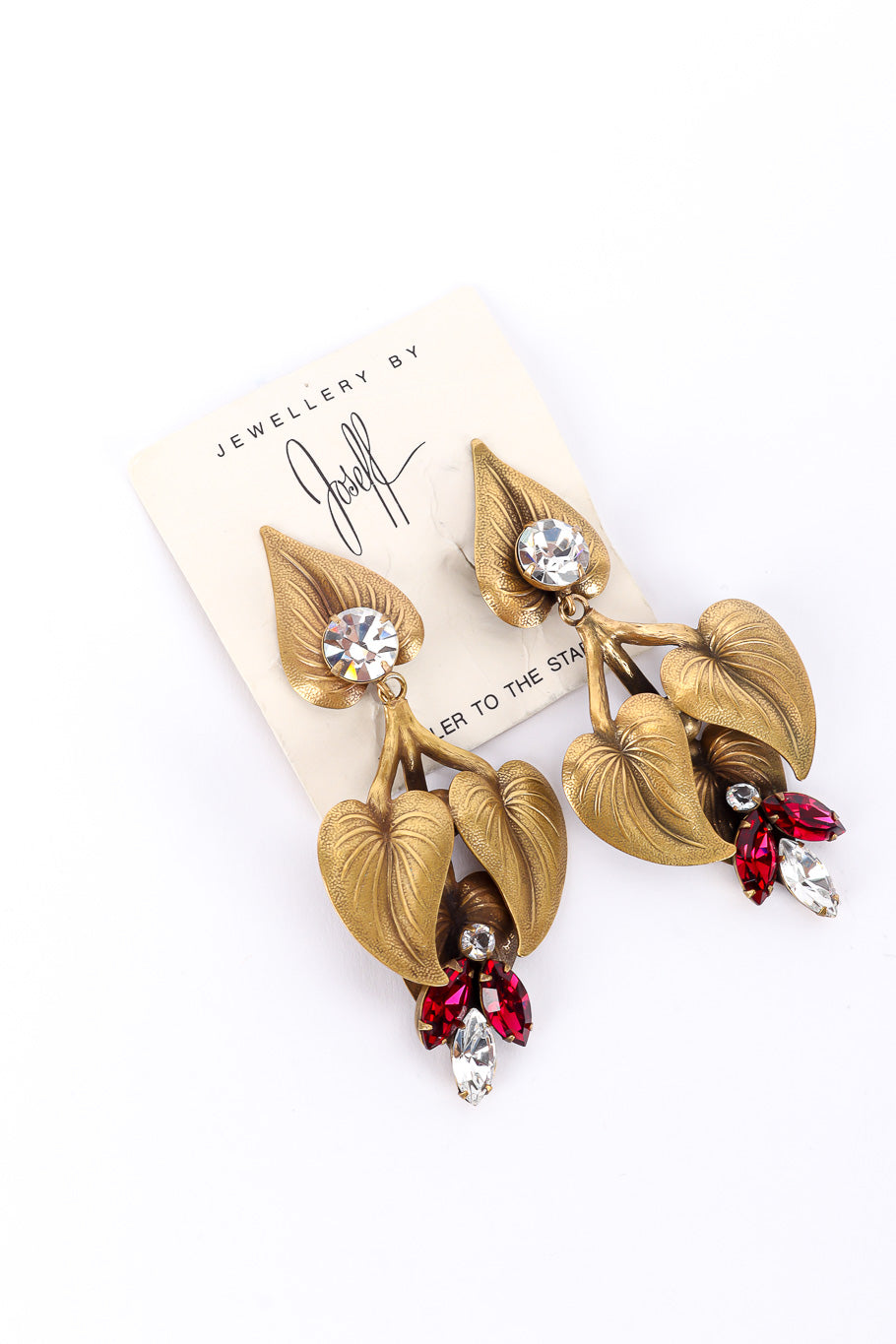 Leaf earrings by Joseff of Hollywood on white background on card @recessla