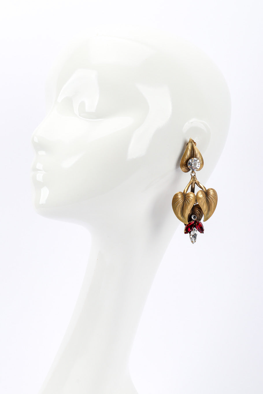 Leaf earrings by Joseff of Hollywood on white background on mannequin head @recessla