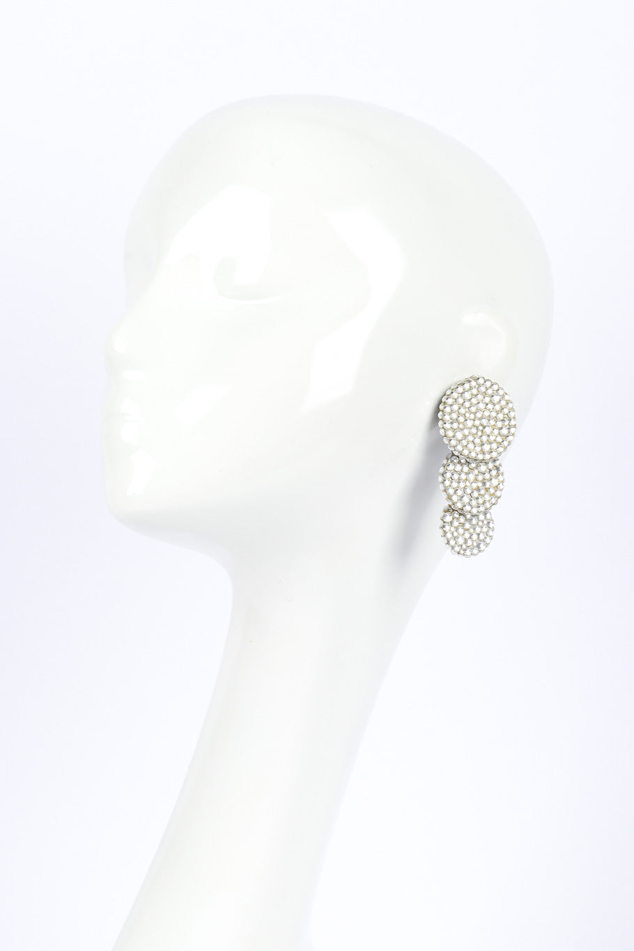 Rhinestone disc drop earrings on white background on mannequin @recessla