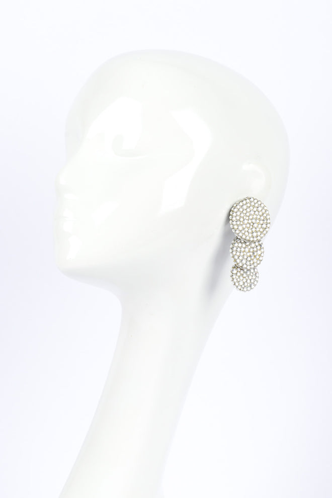 Rhinestone disc drop earrings on white background on mannequin @recessla