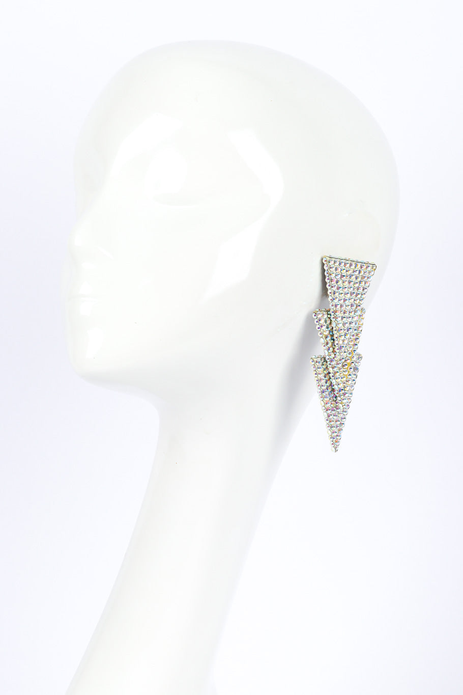 Spear drop earrings by Richard Kerr on white background on mannequin @recessla