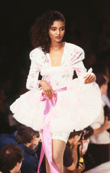 Vintage Patrick Kelly Tutu Wrap Skirt in white on model on 1989 runway