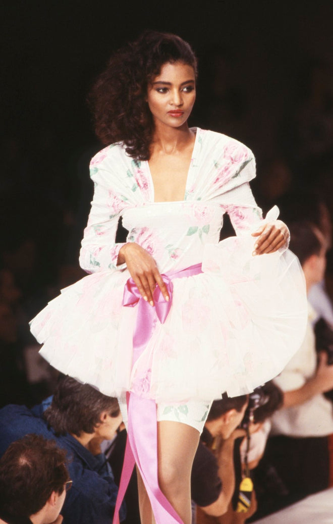 Vintage Patrick Kelly Tutu Wrap Skirt in white on model on 1989 runway