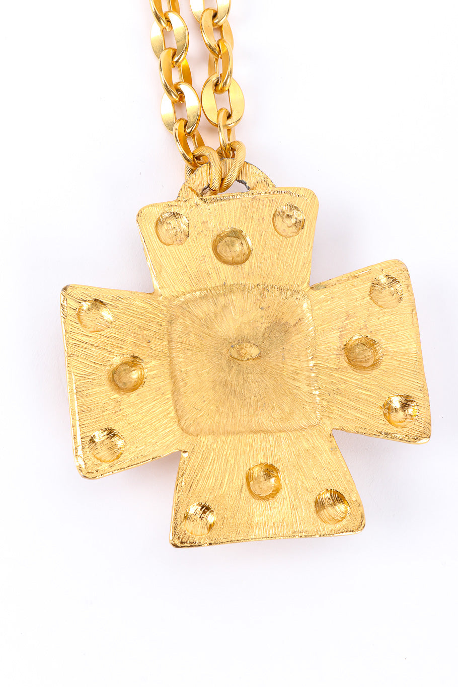 Vintage Robert Rose Byzantine Maltese Cross Necklace back side of pendant and signature cartouche closeup @Recessla