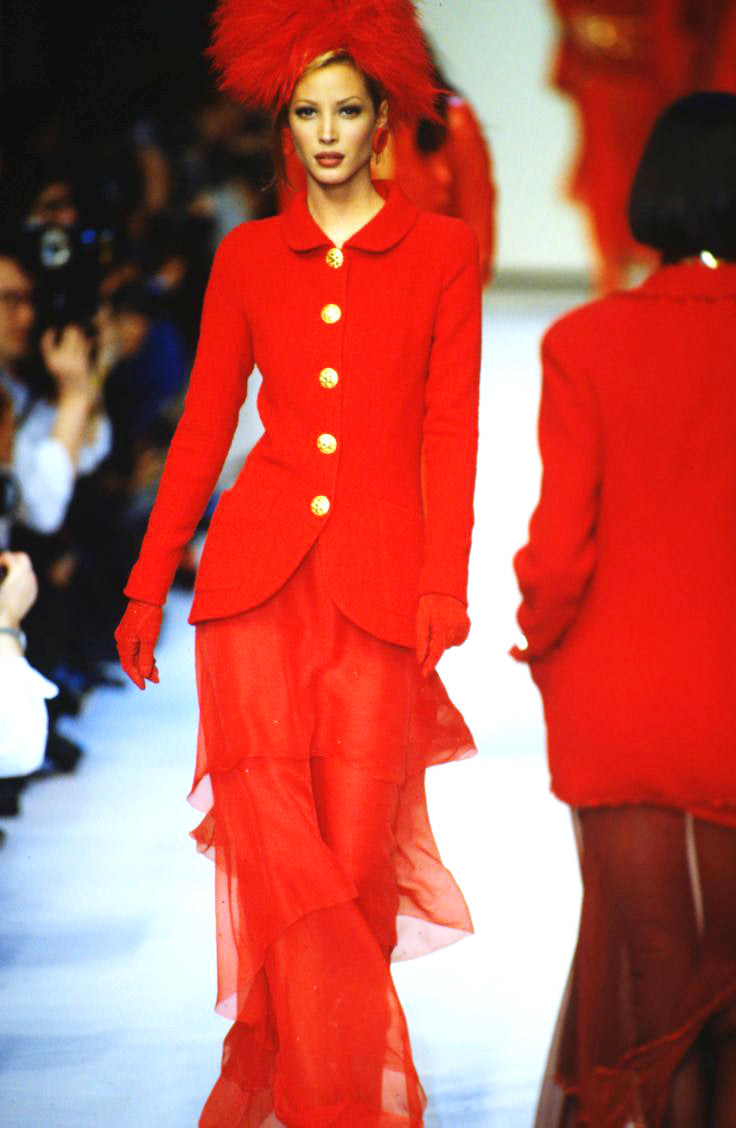 Vintage Chanel 1992 F/W Bouclé Long Jacket And Skirt Set on runway model @recessla
