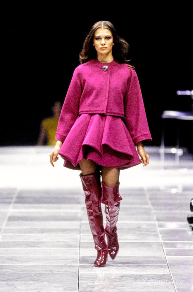 Cropped wool jacket by Gianni Versace on model on 1991 runway 