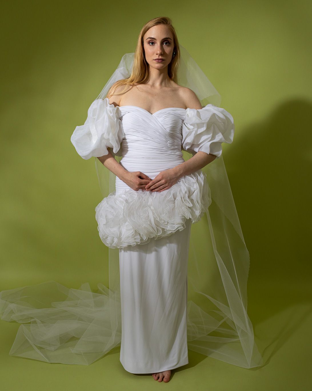 Dress on model on green background with veil front @recessla