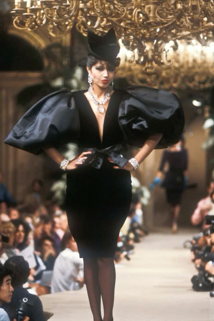 balloon sleeve dress by Yves Saint Laurent on model on 1982 runway 