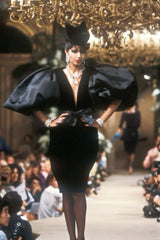 balloon sleeve dress by Yves Saint Laurent on model on 1982 runway 