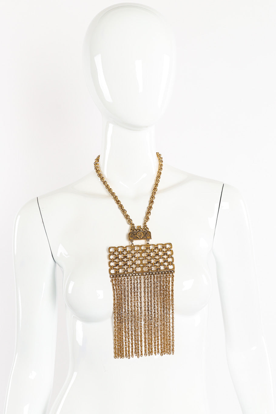 Vintage Etruscan Chain Fringe Necklace on mannequin @Recessla