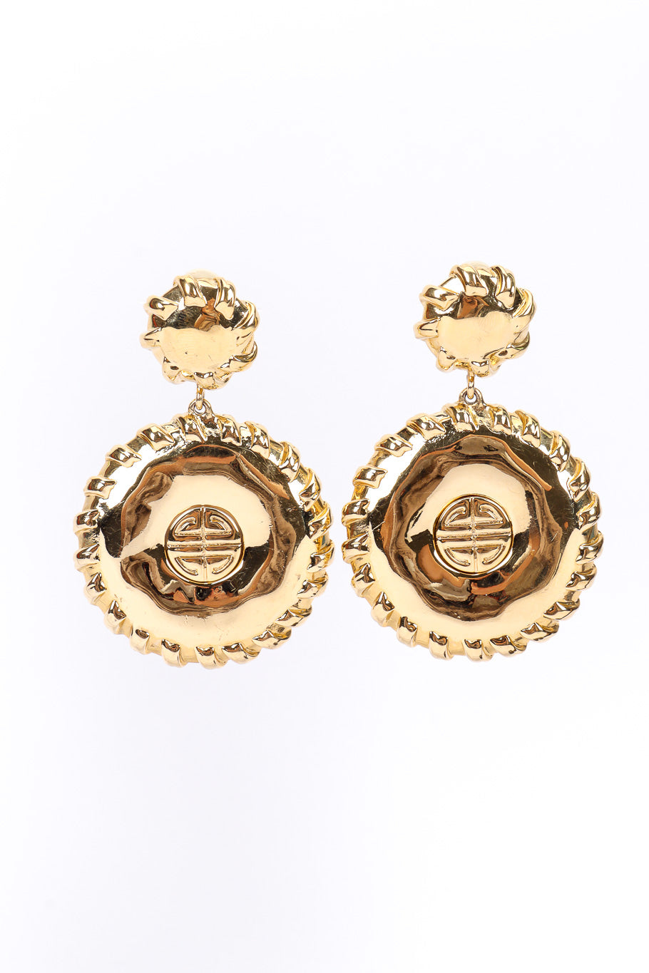 Medallion drop earrings by Givenchy on white background side by side @recessla