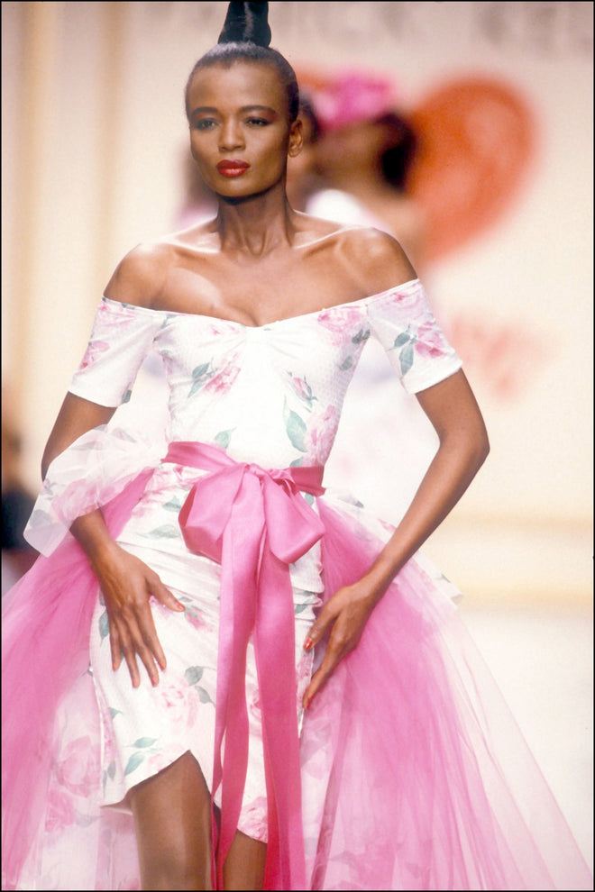 Vintage Patrick Kelly Tutu Wrap Skirt in pink on model on 1989 runway
