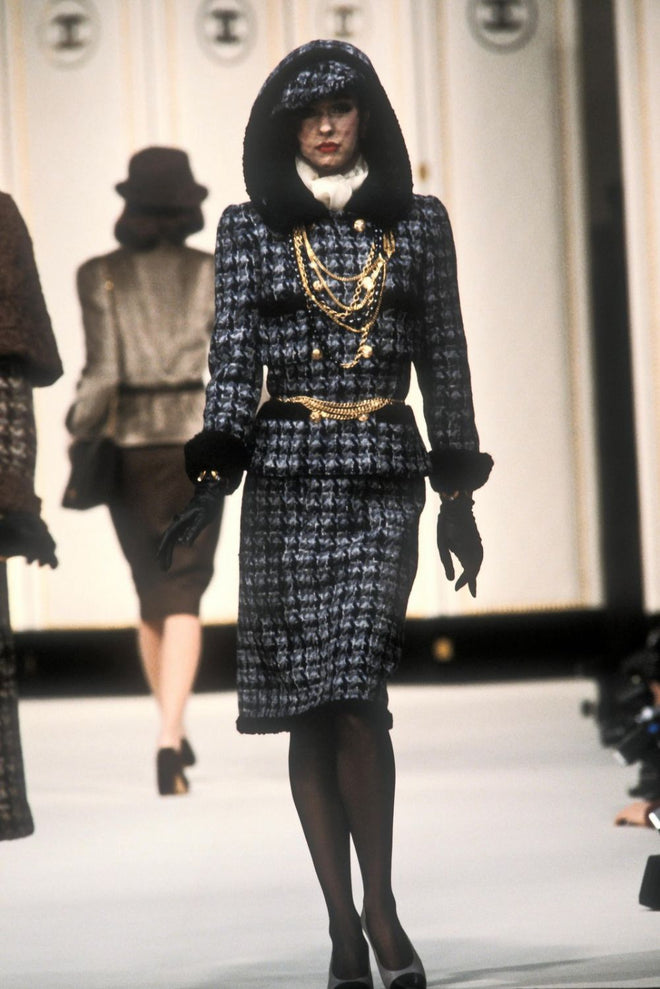 Knot Closure Bouclé Set by Chanel print and color on model on 1983 runway