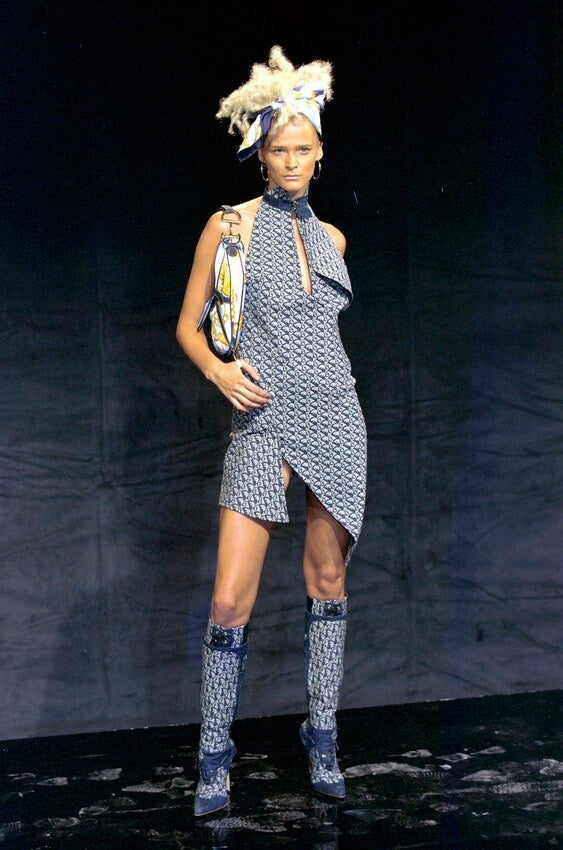 Christian Dior 2000 S/S Denim Monogram Halter Dress on runway model @recess la