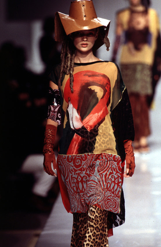 Flamingo print top by Jean Paul Gaultier on Kate Moss on 1996 runway
