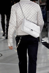 Chanel silver 227 Quilted Double Flap Bag on mannequin in white on 2005 runway 