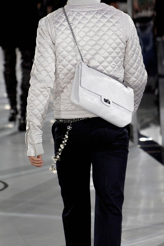 Chanel silver 227 Quilted Double Flap Bag on mannequin in white on 2005 runway 