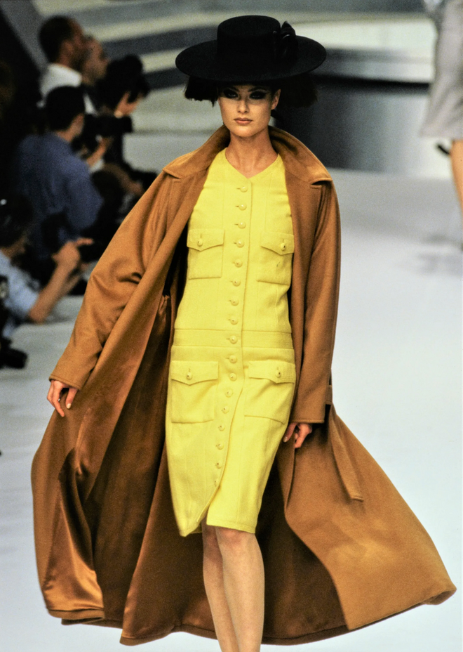Chain Edge Bouclé Jacket by Chanel color and buttons on model on runway dress