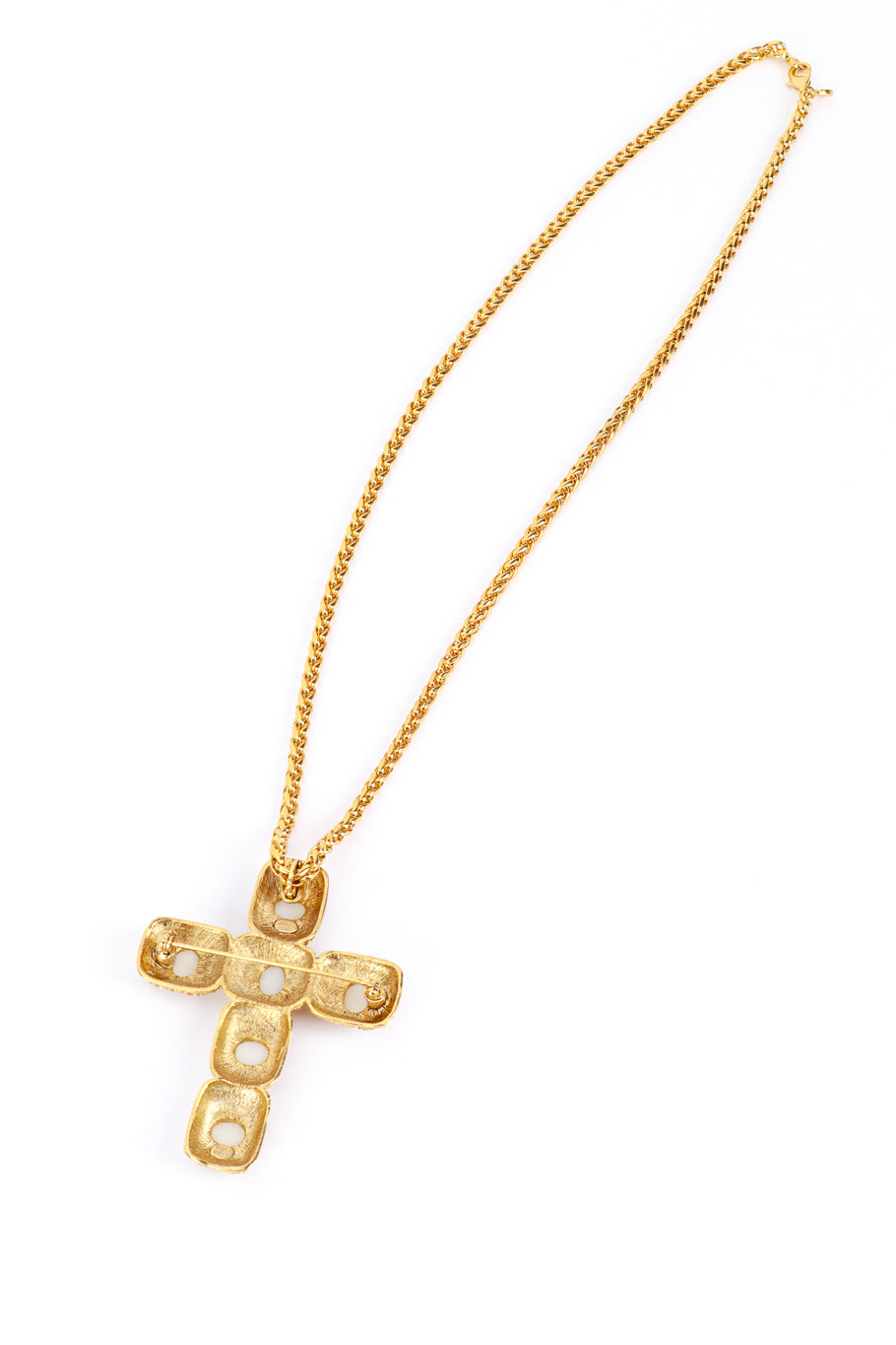 Vintage Kenneth Jay Lane Byzantine Pearl Cross Brooch Pendant Necklace back @recess la