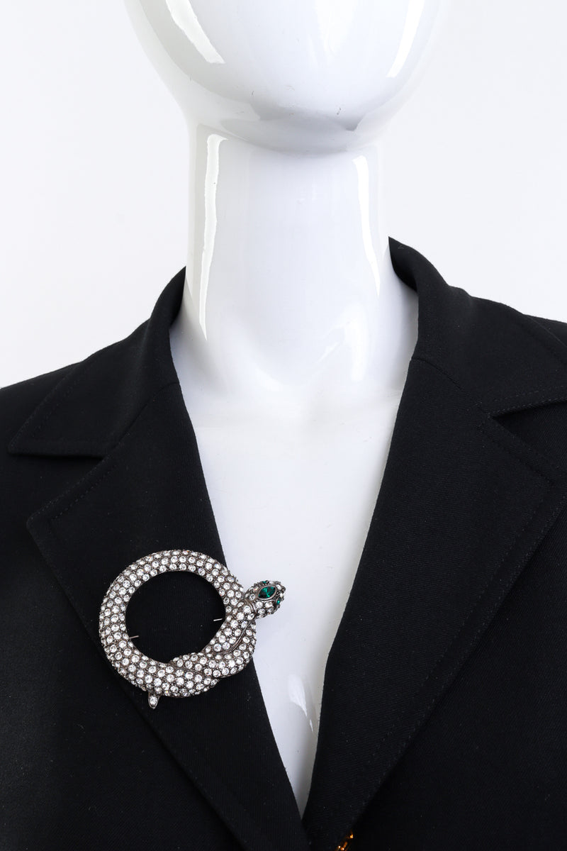 Vintage Kenneth Jay Lane Rhinestone O-Ring Snake Brooch pinned on mannequin @recess la