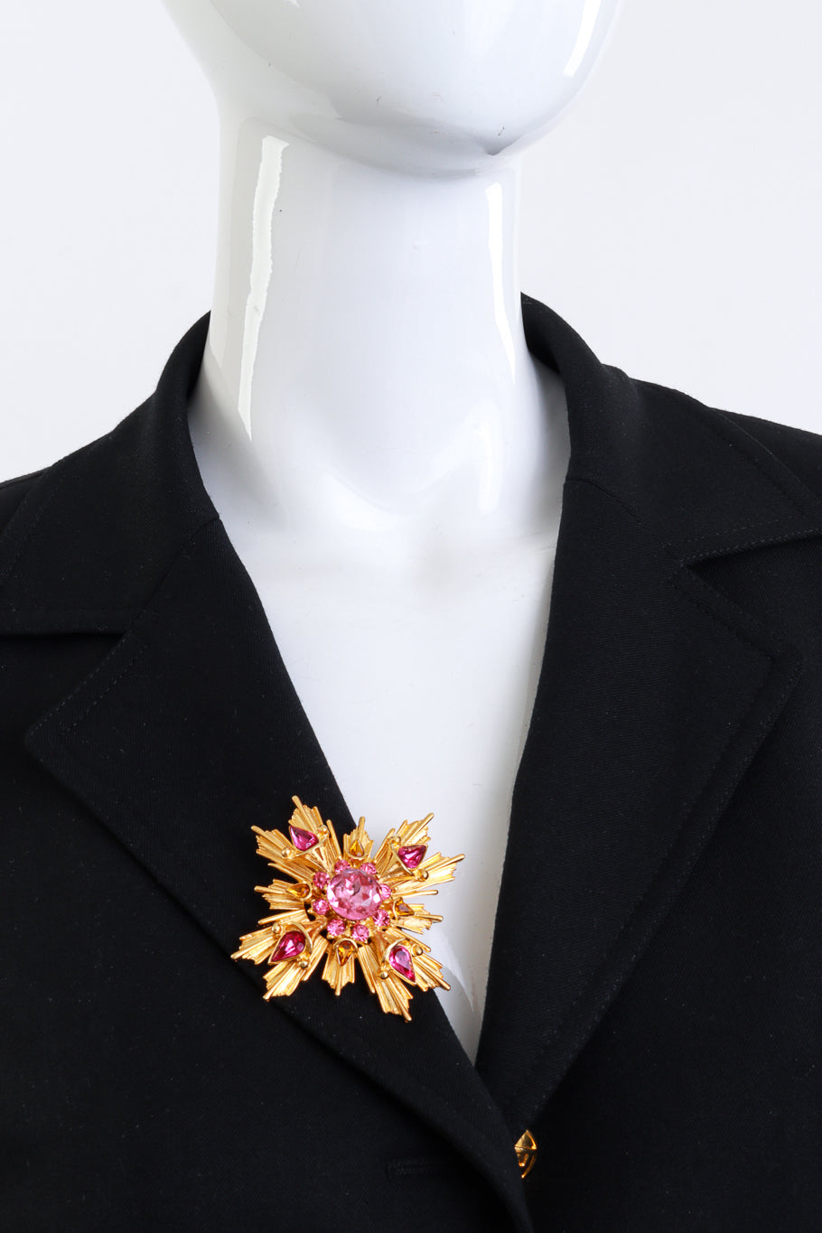 Vintage Unsigned Kenneth Jay Lane Pink Jeweled Sunburst Brooch on mannequin @recess la