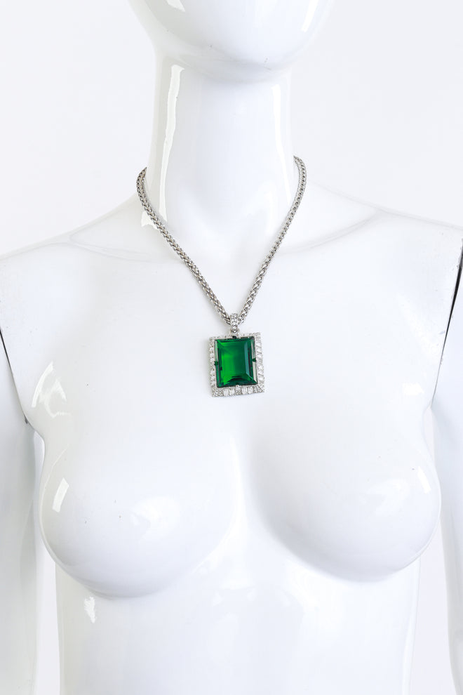 Vintage Kenneth Jay Lane Art Deco Emerald Pendant Necklace on mannequin @recess la