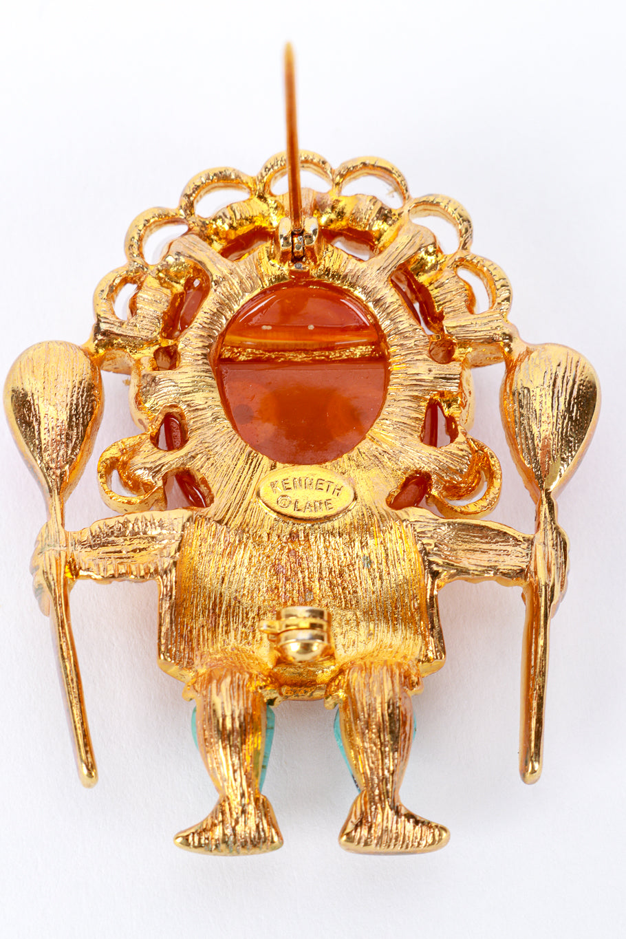 Vintage Kenneth Jay Lane Carnelian Medicine Man Brooch back cartouche @recess la