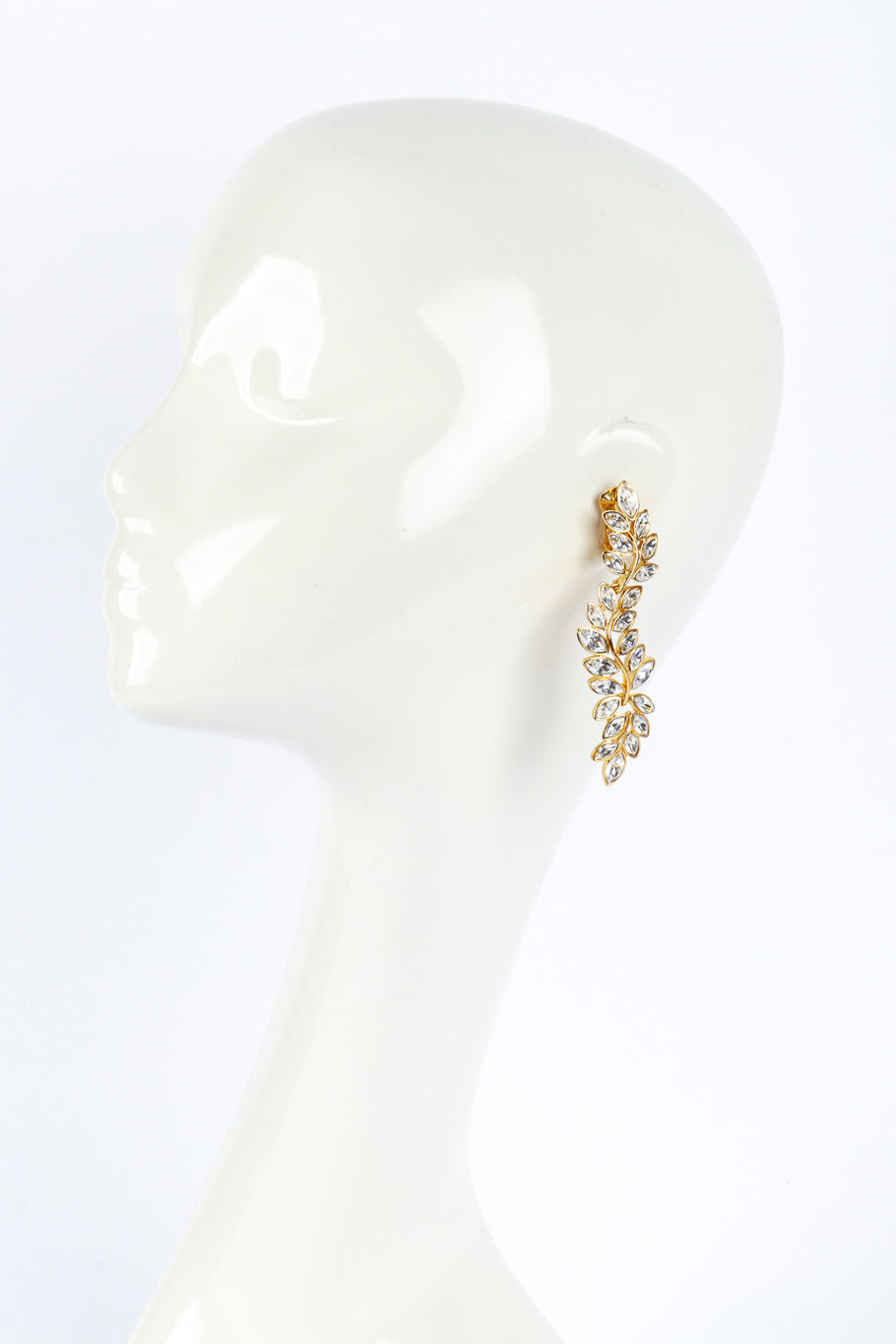 Vintage Kenneth Jay Lane Gold Rhinestone Leaf Drop Earrings on mannequin @recess la