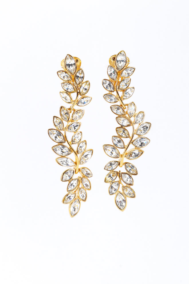 Vintage Kenneth Jay Lane Gold Rhinestone Leaf Drop Earrings front @recess la
