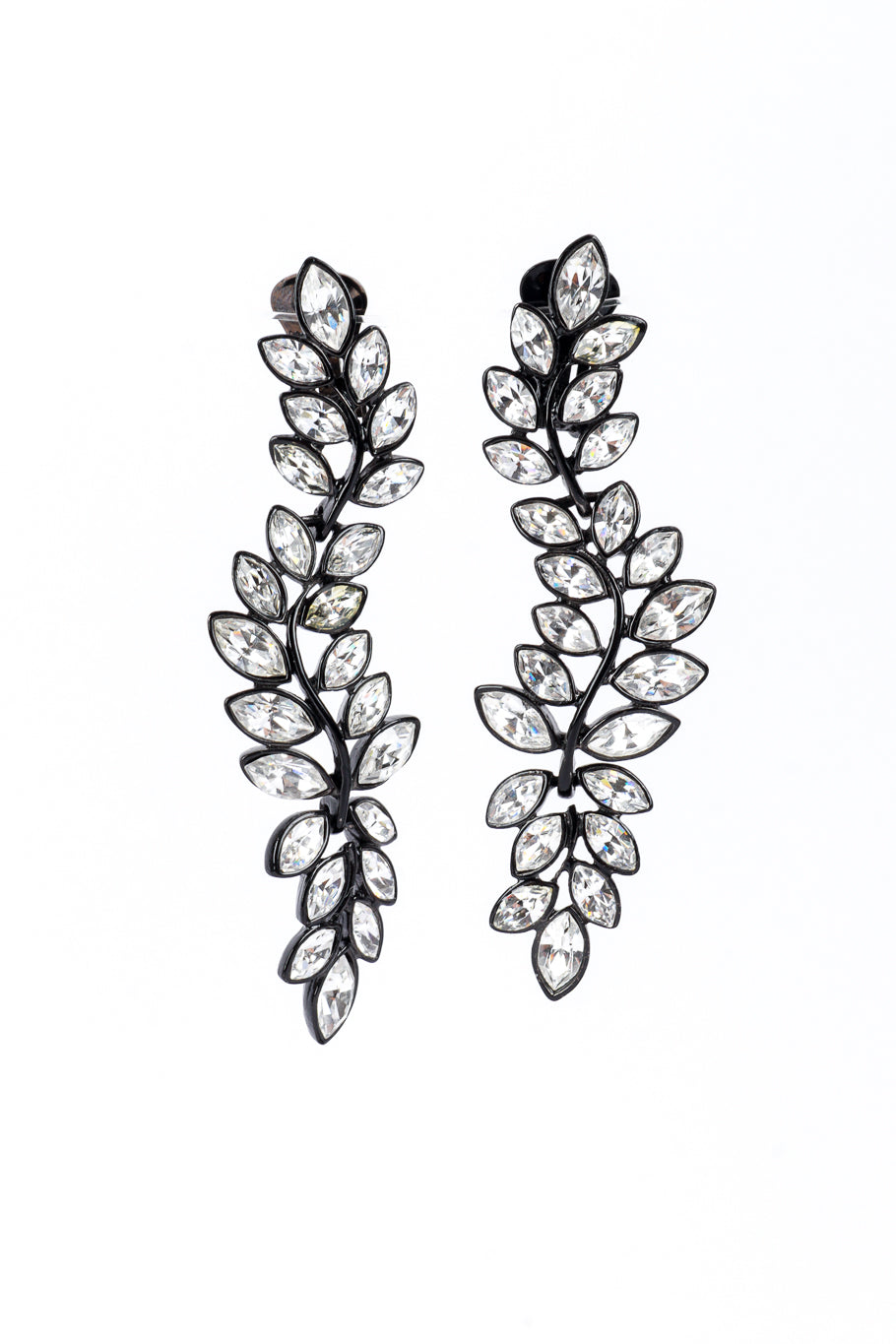 Vintage Kenneth Jay Lane Black Rhinestone Leaf Drop Earrings front @recess la