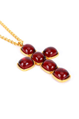 Vintage Kenneth Jay Lane Garnet Cabochon Cross Pendant Necklace 3/4 front @recess la