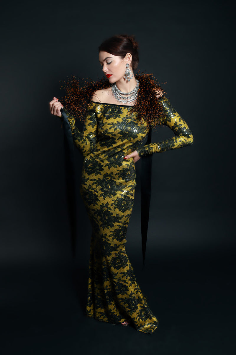 Vintage Patrick Kelly Floral Sequin Gown & Feather Boa Set Recess Vintage Patrick Kelly Floral Sequin Gown & Feather Boa Set Recess