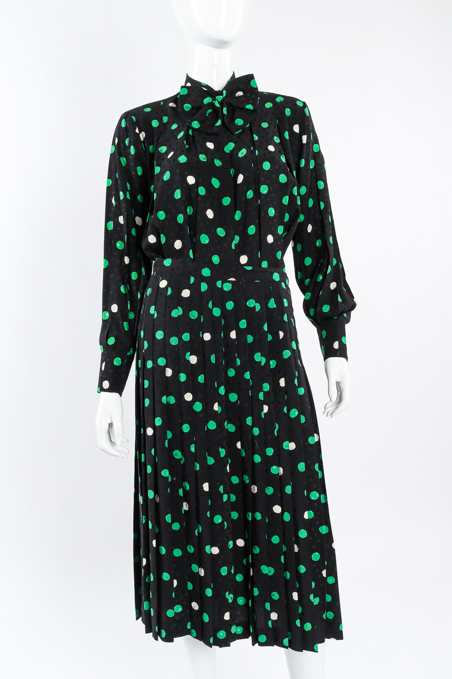 Adolfo polka dot silk blouse and skirt set on mannequin @recessla