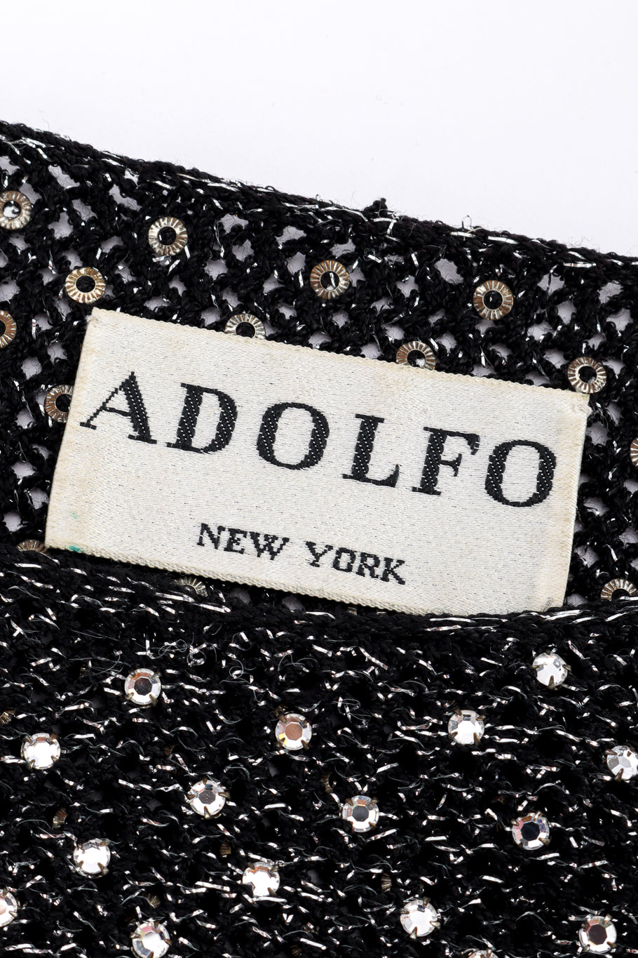 Vintage Adolfo Crystal Open Knit Top signature label closeup @recessla