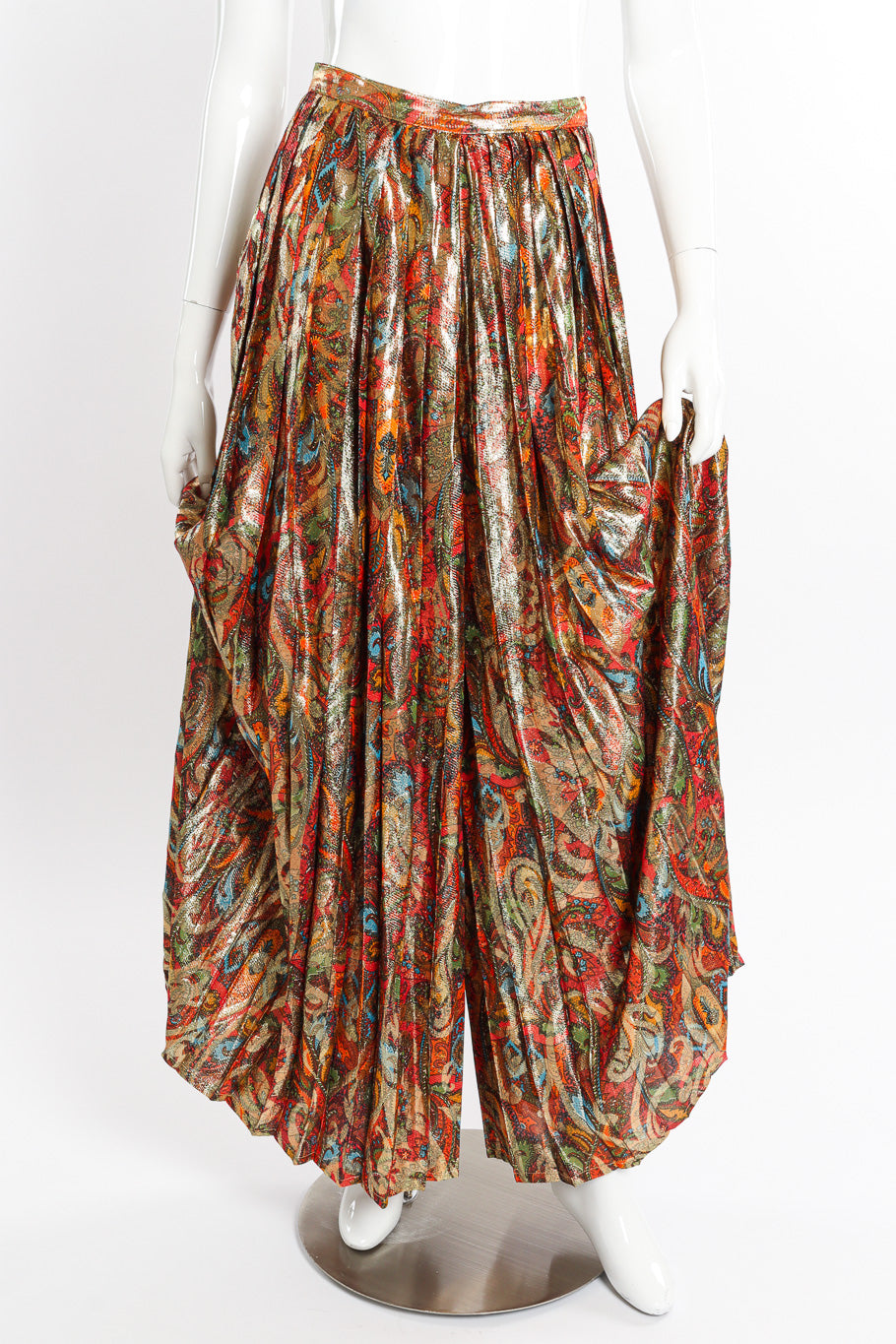 Vintage Adolfo Paisley Lamé Pleated Palazzo Pant II front on mannequin with pant extended @recessla
