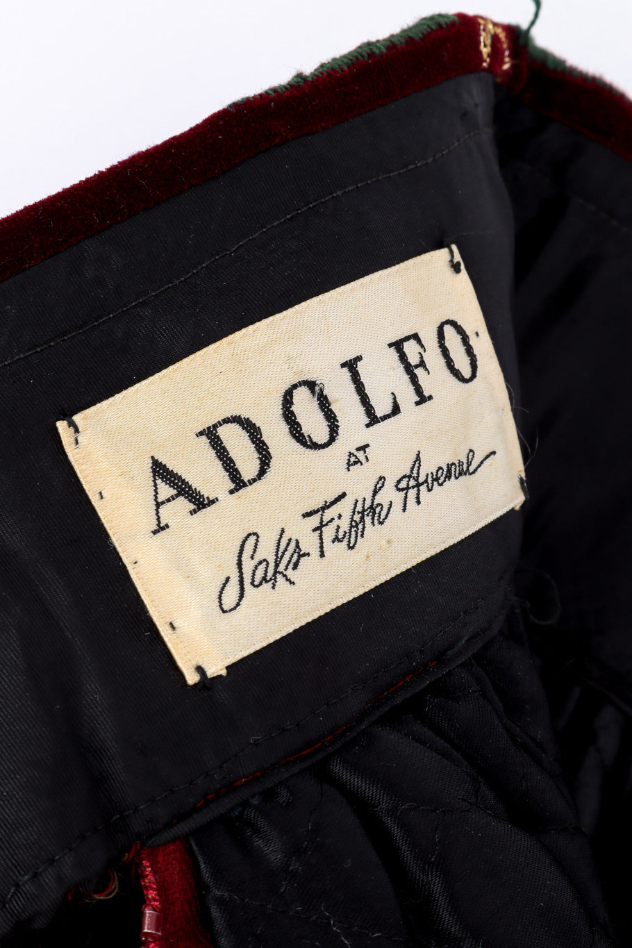 Vintage Adolfo Geometric Embroidered Velvet Skirt signature label closeup @recessla