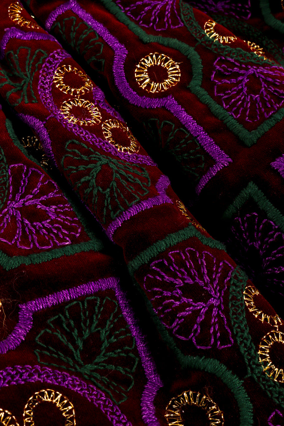 Vintage Adolfo Geometric Embroidered Velvet Skirt fabric closeup @recessla