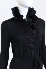 Vintage Adolfo Long Ruffled Knit Wrap Dress front on mannequin closeup @recess la