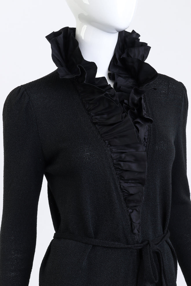 Vintage Adolfo Long Ruffled Knit Wrap Dress front on mannequin closeup @recess la