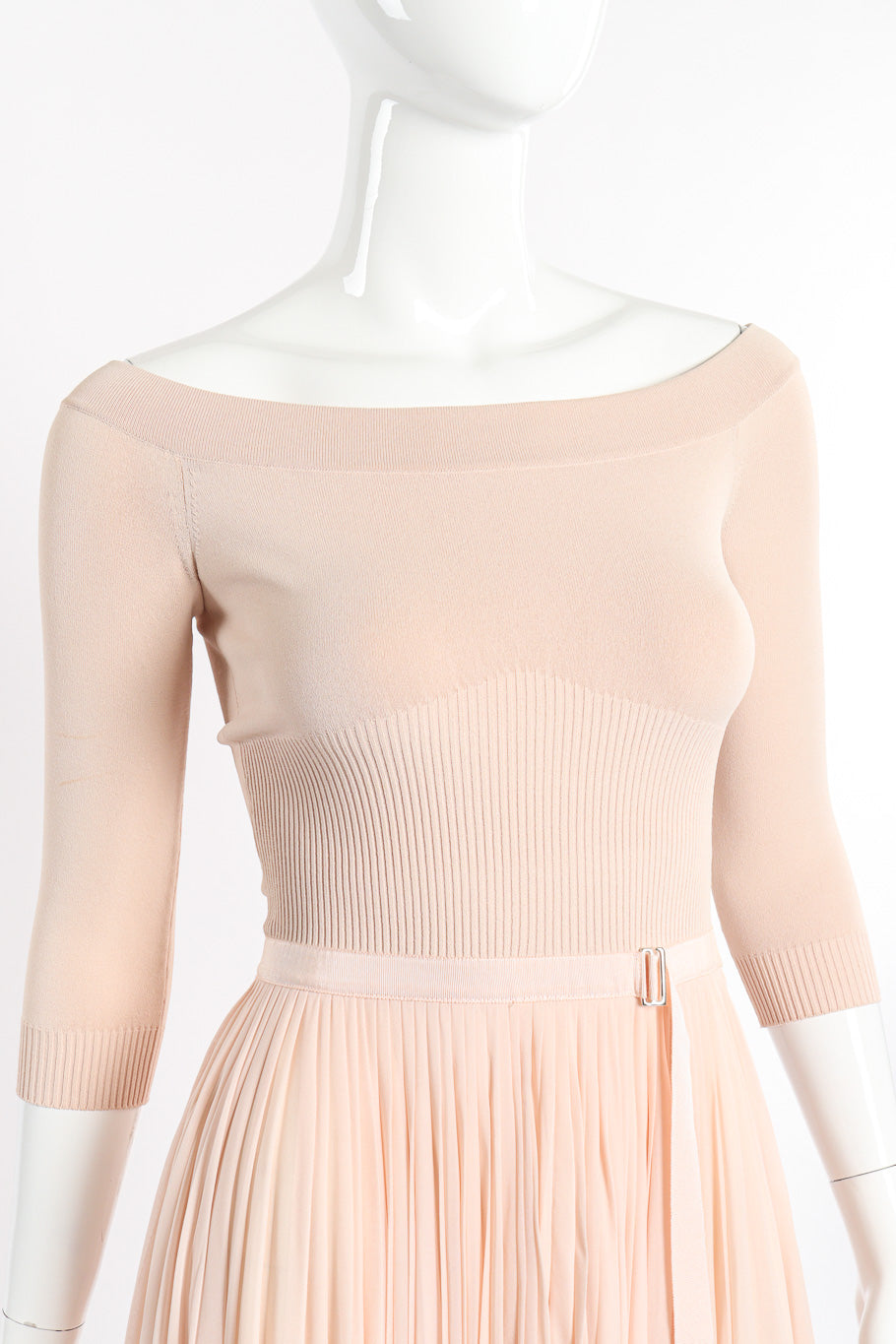 Alexander McQueen Off-The-Shoulder Pleated Knit Dress front view on mannequin closeup @recessla