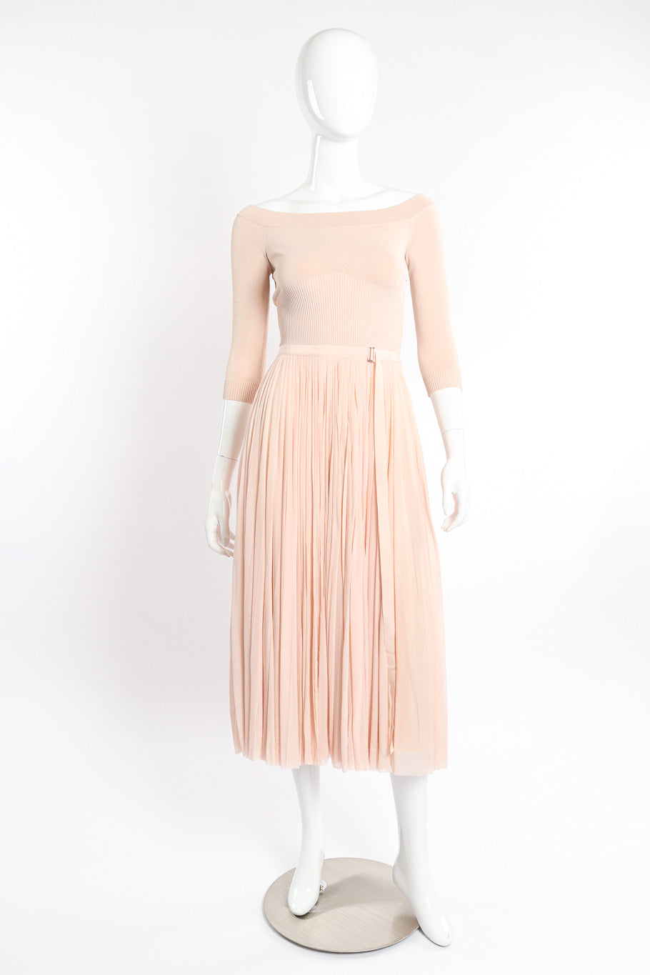 Alexander McQueen Off-The-Shoulder Pleated Knit Dress front view on mannequin @recessla