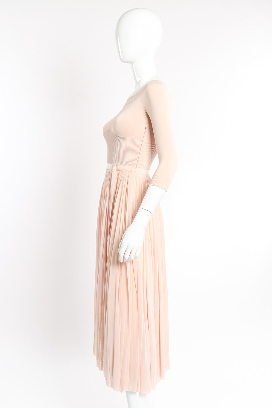 Alexander McQueen Off-The-Shoulder Pleated Knit Dress side view on mannequin @recessla